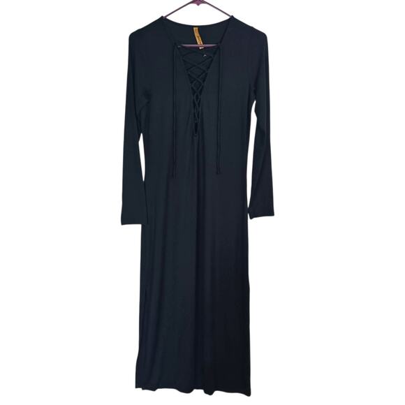 Rachel Pally Jolene Black Jersey Maxi Dress Lace Up Long Sleeve Size Large - Picture 2 of 7
